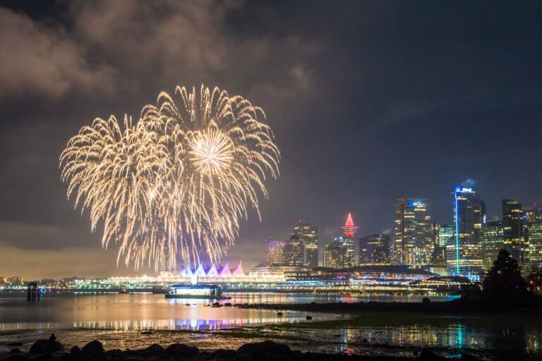 new years fireworks over Canada Place in Vancouver downtown L