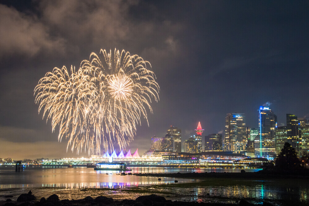 new years fireworks over Canada Place in Vancouver downtown